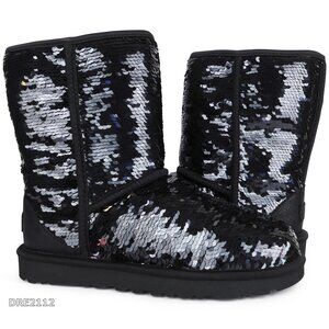 UGG Classic Short Sequin Black Fur Boots NEW